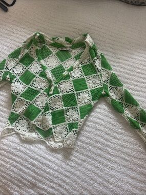 Zara Green and Cream Crochet Checker Knit Shirt